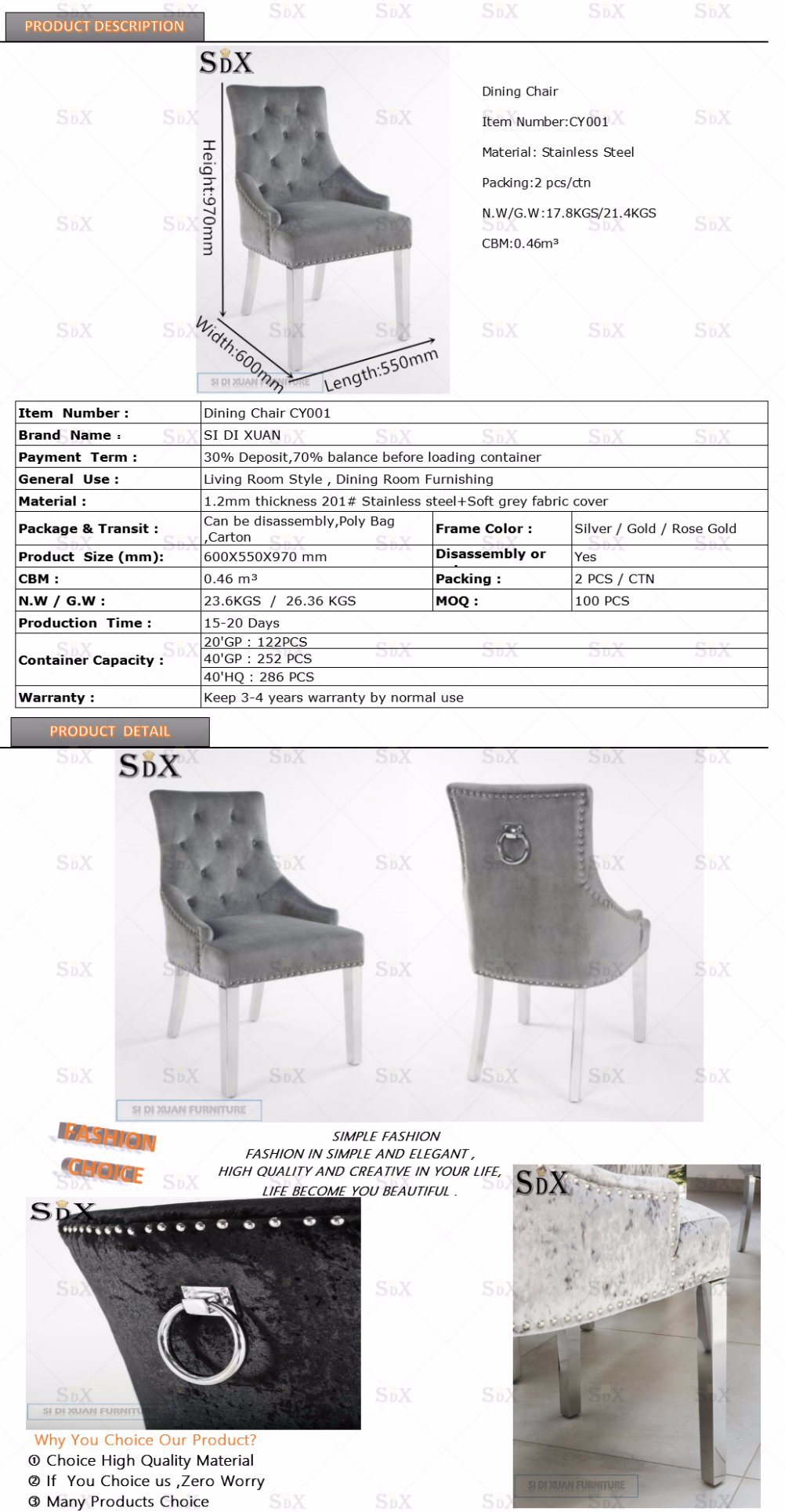 Removable Stainless Steel Leg Knocker Dining Chair in Grey Velvet Fabric