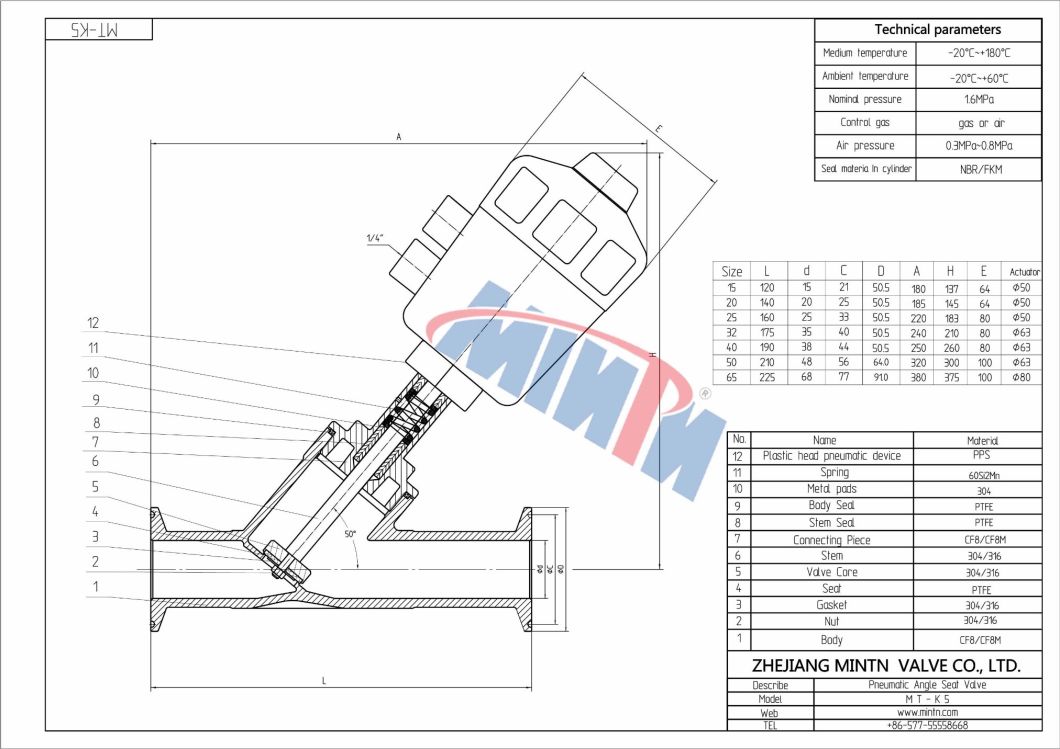 Thread Type Pneumatic Stainless Stee Angle Seat Valve with Plastic Actuator with Position Indicator