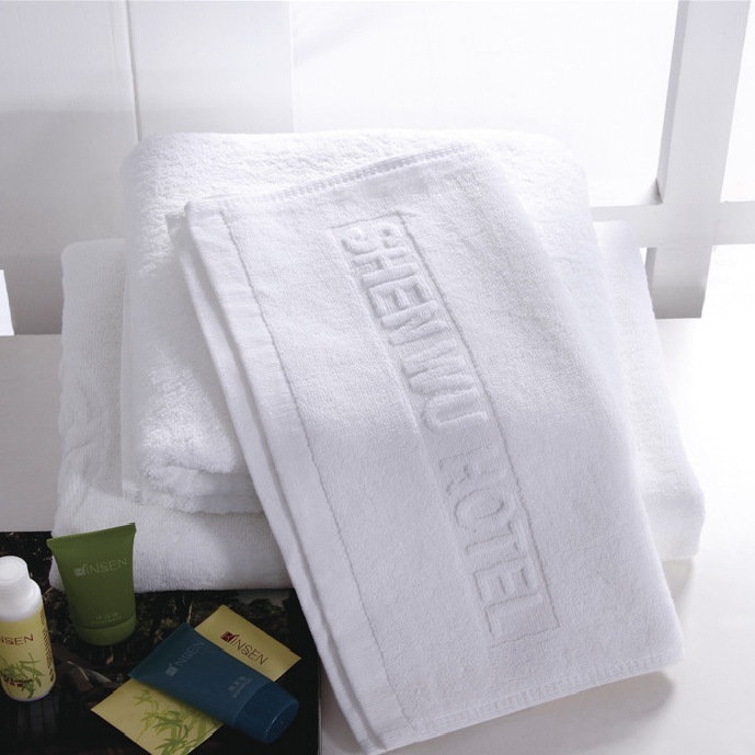 Cotton White Jacquard Embossed Woven Logo Hotel Towel