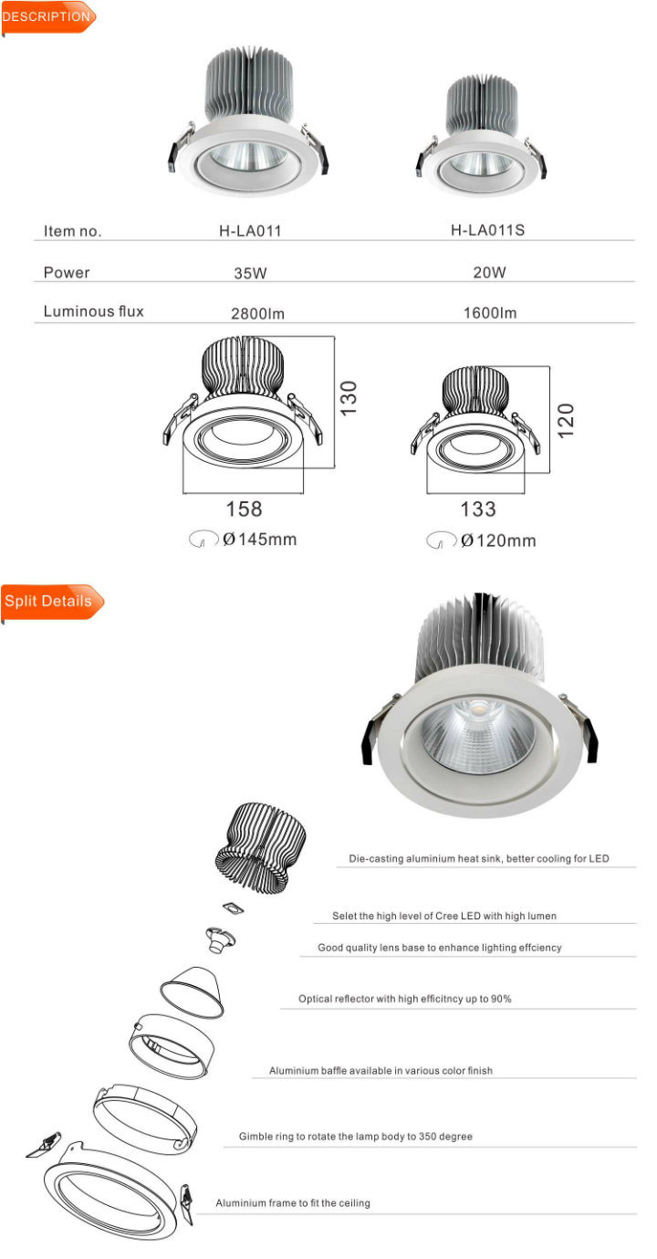 Warm White 3000K High Power 30W COB LED Ceiling Spotlight