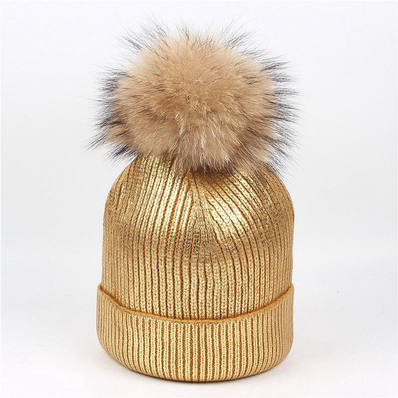 Gold Blocking Bling Beanie Hat Custom Metallic Beanie with Fur POM