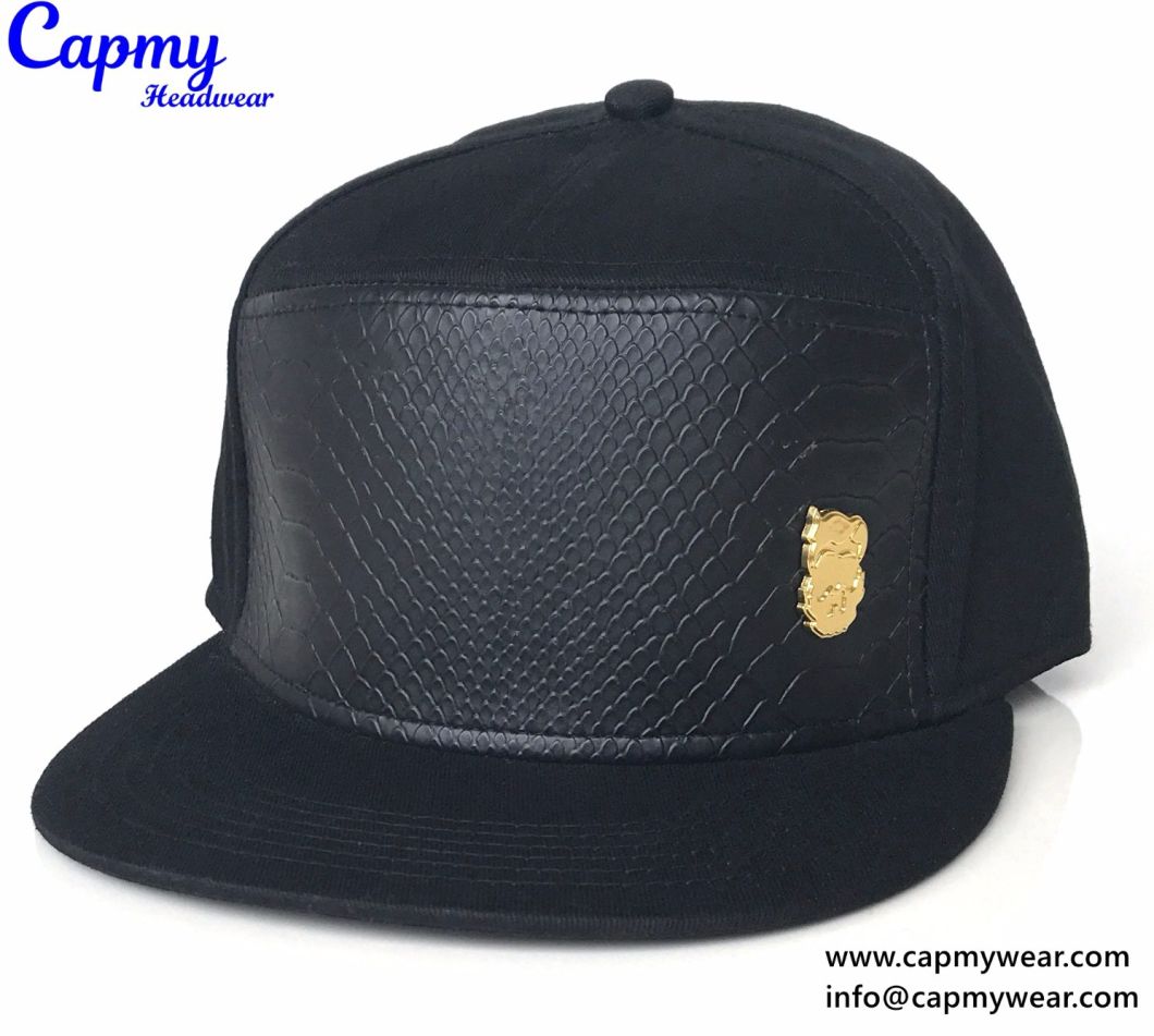 New Design Black Leather Crown Snapback Cap