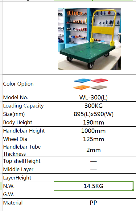 300kg Green Plastic Platform Foldable Hand Trolley with PU Caster