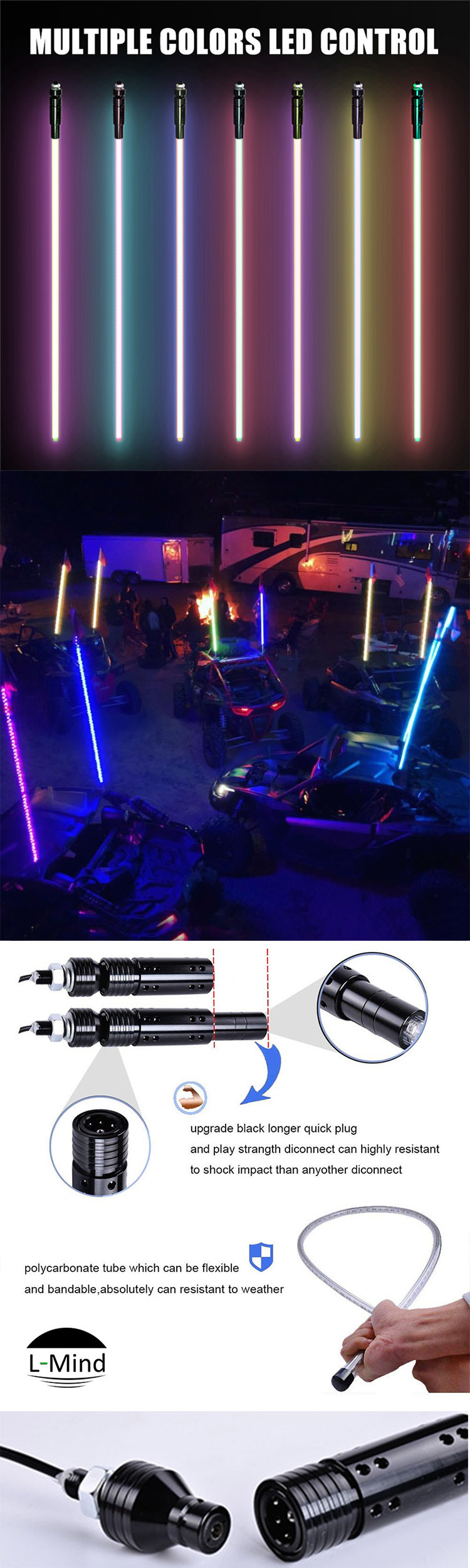 6FT 1.8m Multi Colors RGB Fiber Optic Whip Light LED Antenna Light Remote Control Pickup Truck 4X4