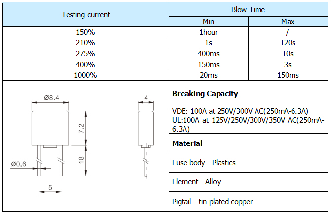 8.4*7.2*4 Square Micro Fuse XC Slow blow Fuse with UL VDE Certification