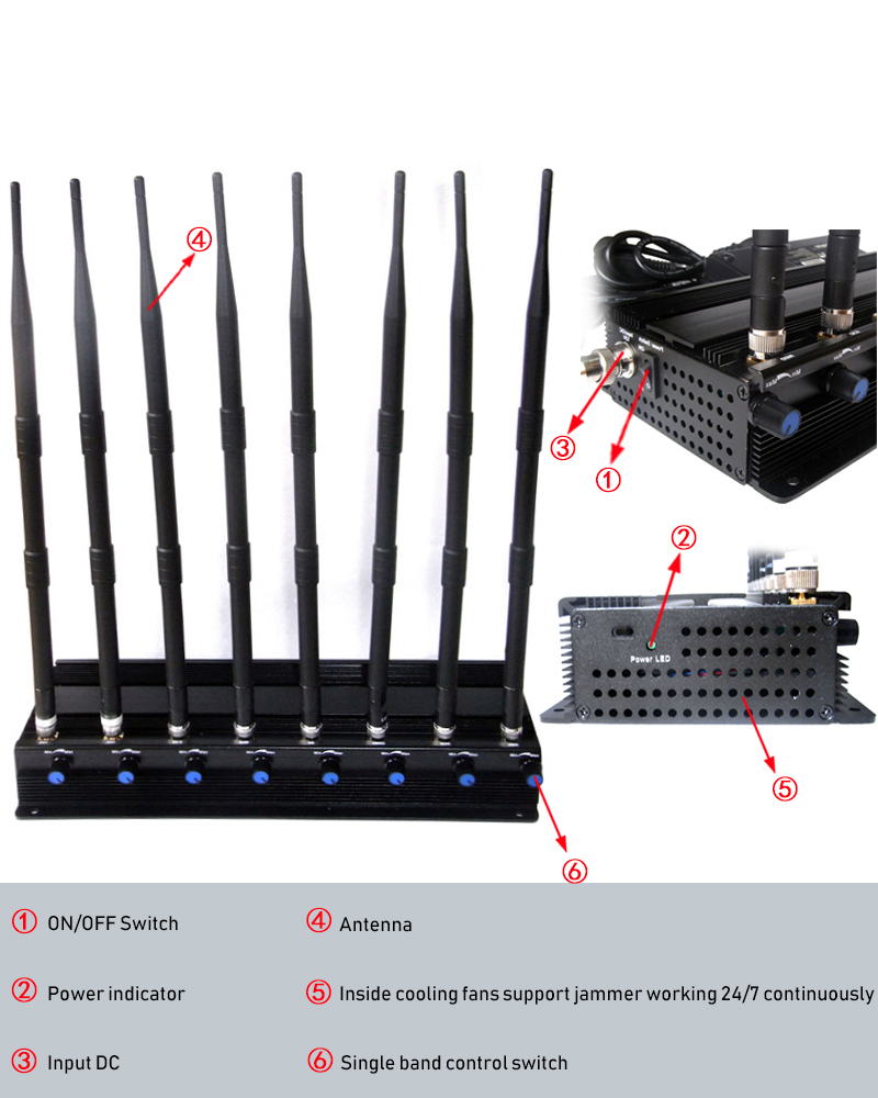 Desktop Cellular Cell Phone Signal Jammer WiFi 8 Channels Blocker 3G and 4G Phone Signal Jammer, 8bands Mobile Phone Jammer for 3G, 4glte Cellular, GPS, Lojack