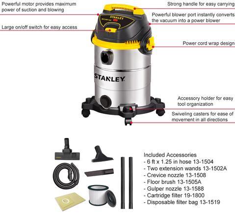 Wet and Dry Vacuum Cleaner SL18016 6gallon 4.5HP Stainless Steel Series Stanley