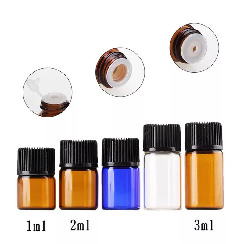 1ml/2ml/3ml Mini Amber Blue White Transparent Glass Essential Oil Reagents Refillable Sample Bottle Brown Glass Vials with Cap