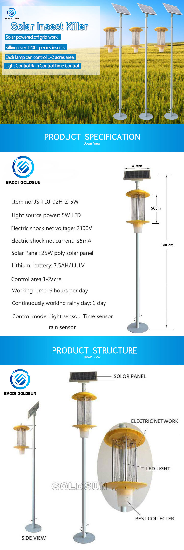 Solar Insect Killer Lamp for Agriculture Insect Pest Mosquito Fly Cockroach Moth