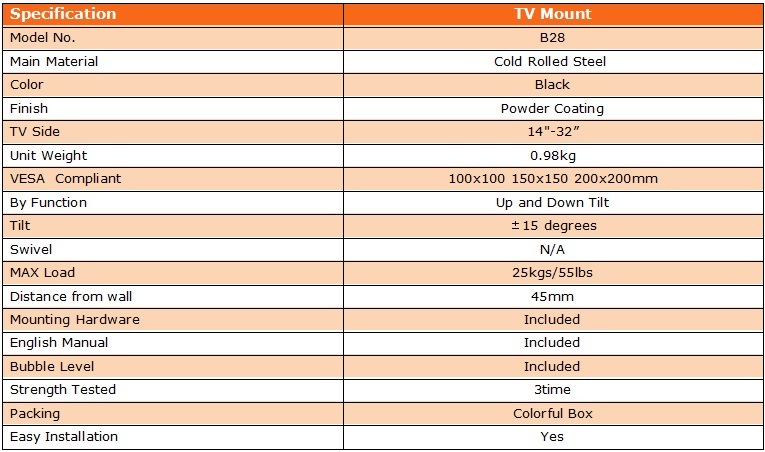up and Down 15 Degrees Tilt TV Bracket for 14-32 Inch