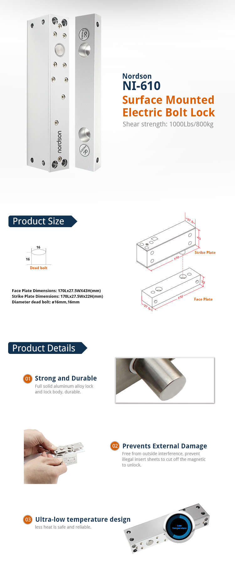 DC12V or 24V High Aluminum Surface Mounted Glass Door Electric Bolt Lock