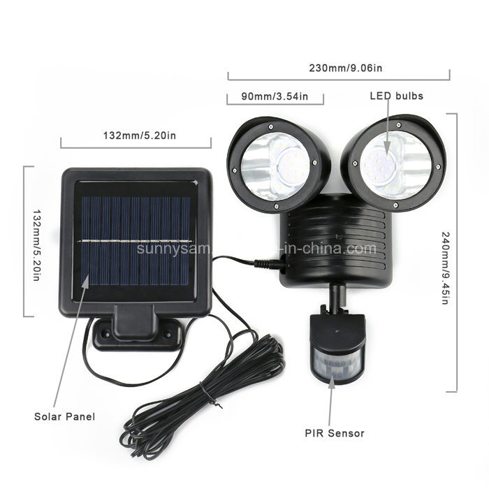 22 LED Solar Light PIR Motion Sensor Rotatable Two Heads Waterproof Outdoor Garden Wall Spotlight