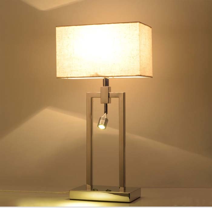 Very Fashion & Modern Metal LED Desk Table Lamp Light with Fabric Shade for Bedroom, Finished in Chrome