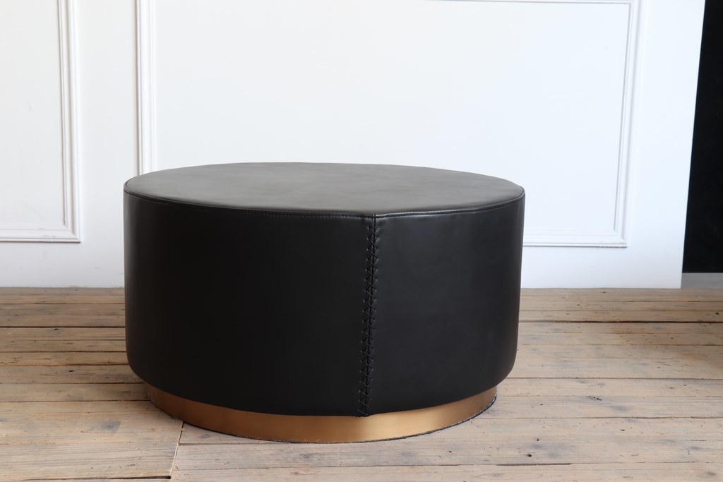 Vintage Black Leather Top and Plating Gold Color Brushed Round Bottom Coffee Table Side Table