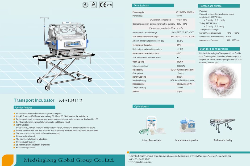 Newborn Care Ambulance Mode Mslbi12 Standard Baby Infant Incubator