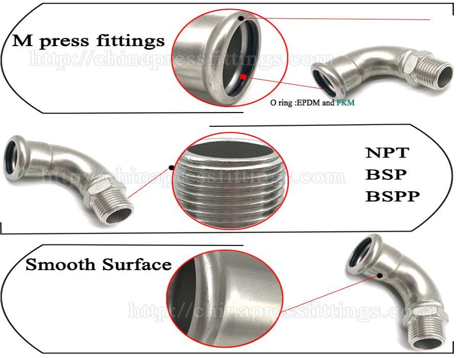 Press to Threaded Fittings Bend 90 Degree Pipe Fittings Stainless Steel