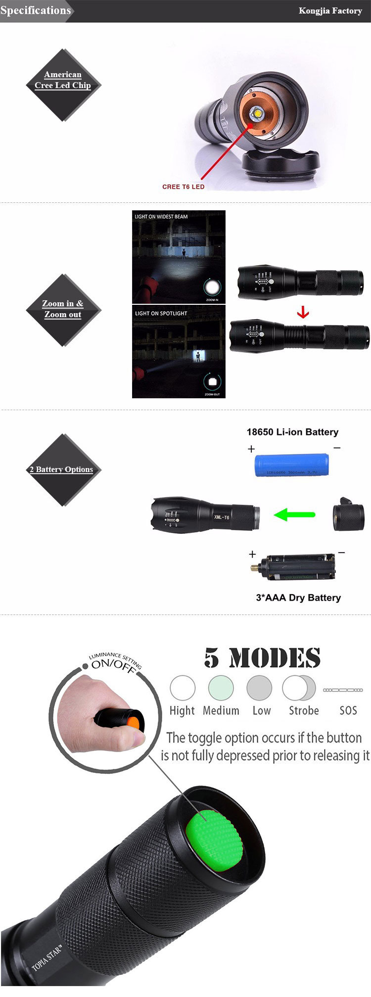 Ultra Bright 800 Lumens Rechargeable 10W Portable High Power Xml T6 Tactical Torch