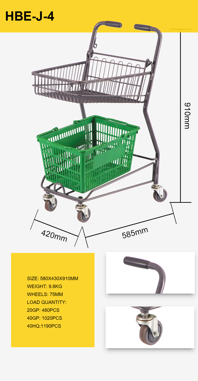 Supermarket Folding Metal Shopping Trolley with 2 Baskets