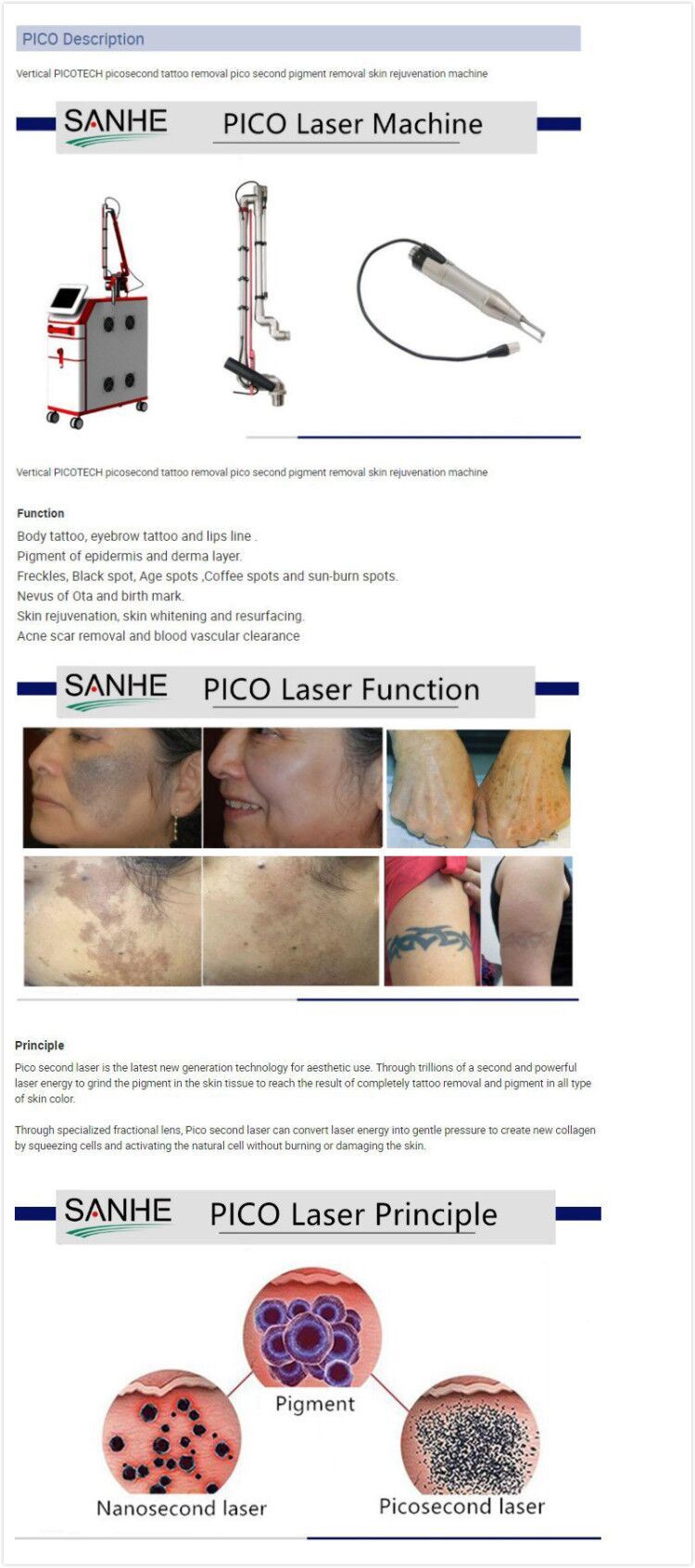 Sanhe Picosecond Laser Tattoo Removal /Deep Freckle Removal Beauty Machine