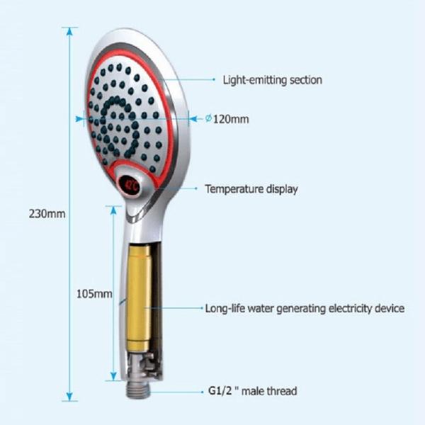 3 Colors LED Hand Held Shower Head with Temperature Digital Display Water Powered LCD Spray