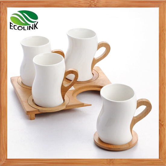 Bamboo Handle Ceramic Tea Mug Coffee Cup Set