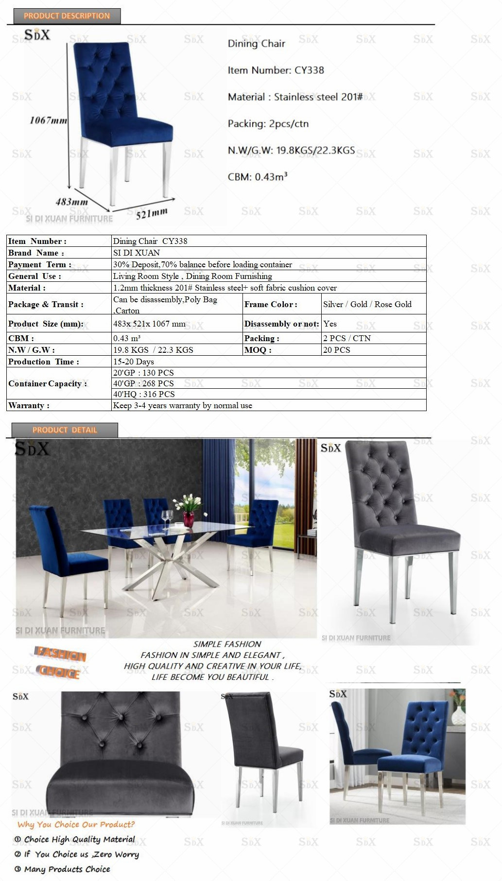 Modern Fashionable Restaurant Chair Stainless Steel Velvet Chair