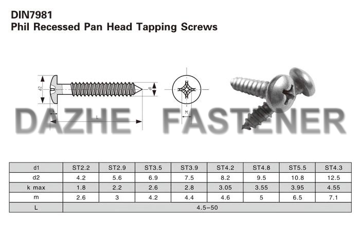 Stainless Steel DIN7981 Cross Recessed Pan Head Self Tapping Screws