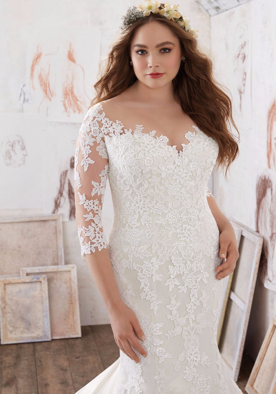 3/4 Sleeve Lace Plus Size Mermaid Bridal Wedding Dress Gown