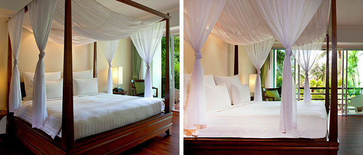 Hospitality Walnut Solid Teak Wood Four Poster Bed Furniture for Resort Hotel