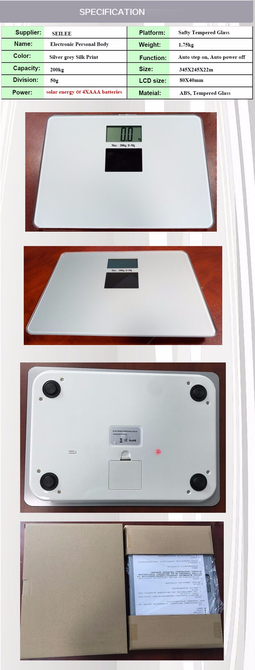 200kg Large Platform Solar Energy Digital Bathroom Health Personal Scale