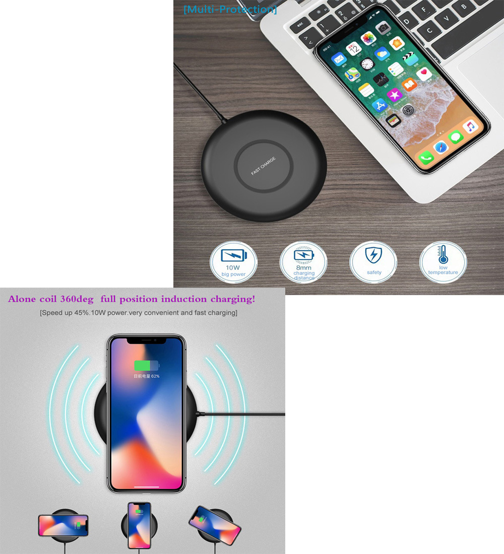 Shenzhen Original Factory Produces and Sales Round Ultrathin 10W Fast Wireless Charger Black Housing, USB Charger Suitable for Samsung, iPhone Series Mobile