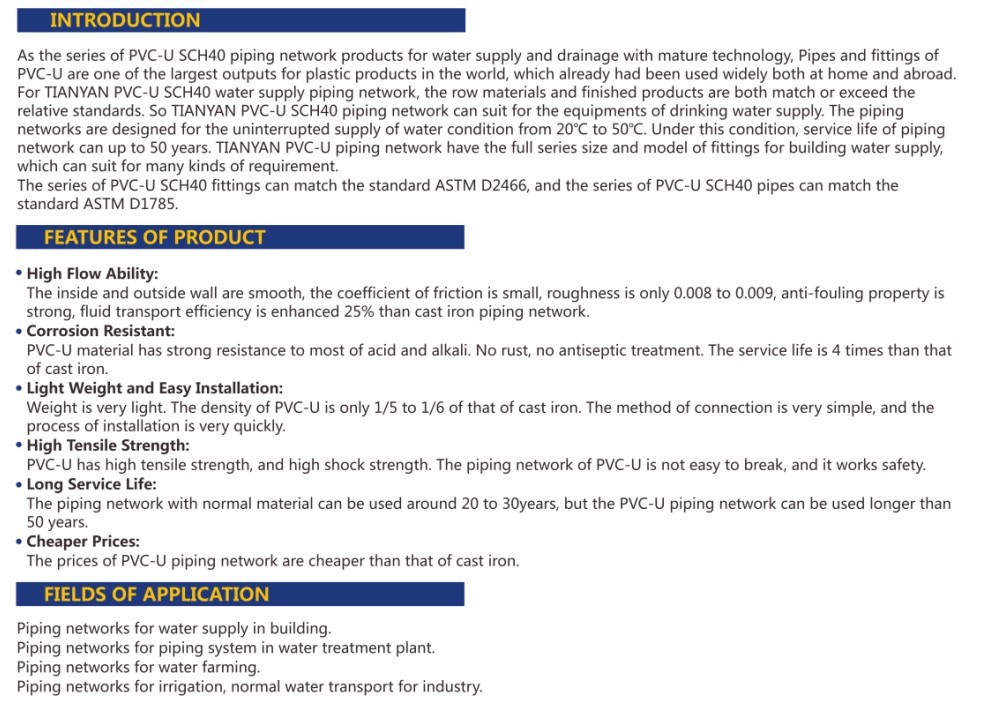 Ty Brands All Size of ASTM Sch40 Standard PVC/Plastic Water Supply Pipe Joint/Fittings