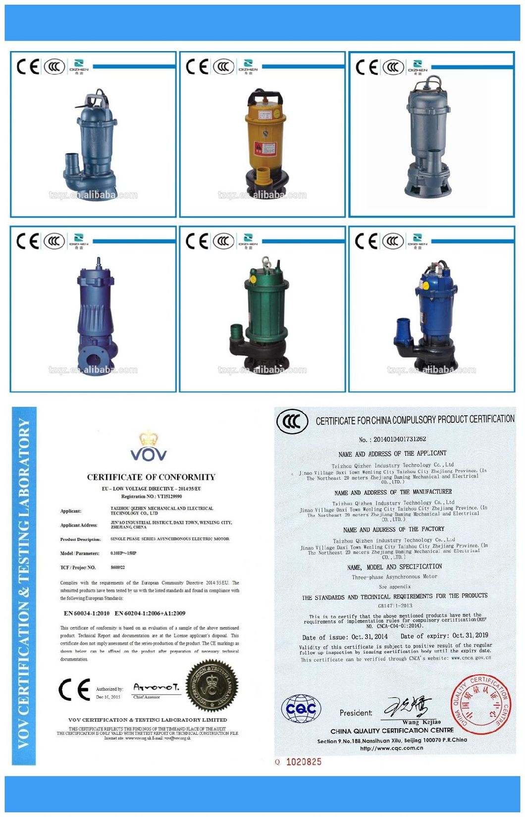 Quality assured WQD 1HP 220V electric submersible sewage pump specifications