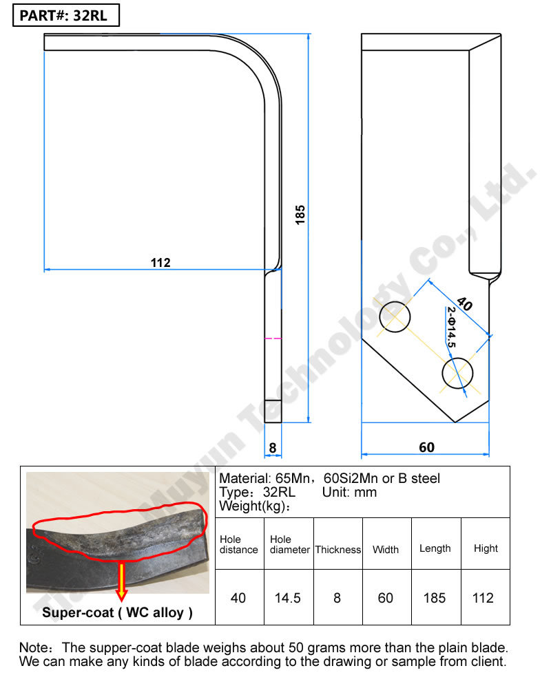 32rl 32ll. 322 Inches 2.05lbs Hard Alloy-Coating Rotavator Blades