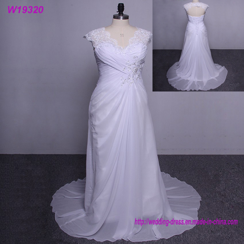 Plus Size Chiffon A-Line V-Neck Floor -Length Chapel Train Real/Original Photos Wedding Dress