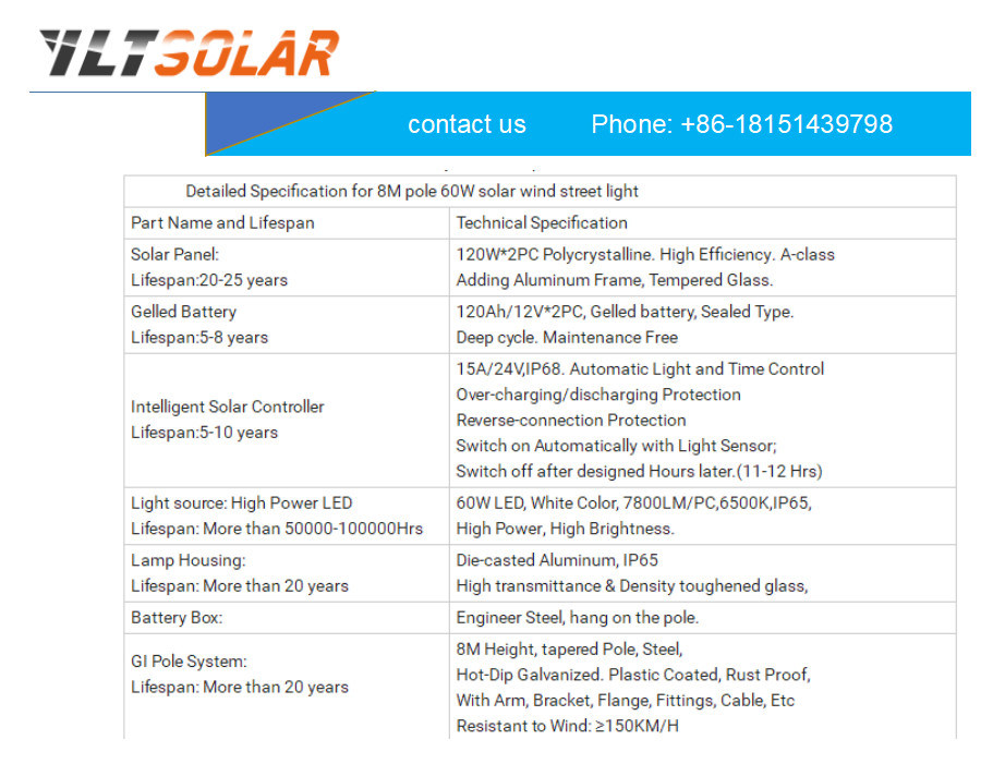 Gel Battery 8m 60W Solar Wind Street Light Single Arm