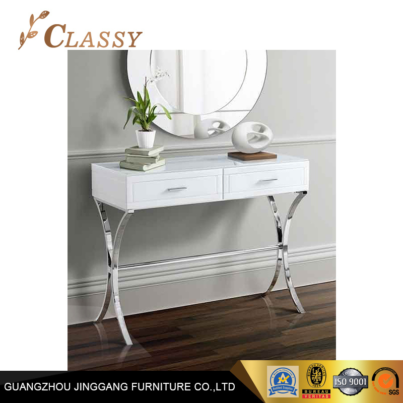 Classic White Glass with Solid Stainless Steel Legs Console Table