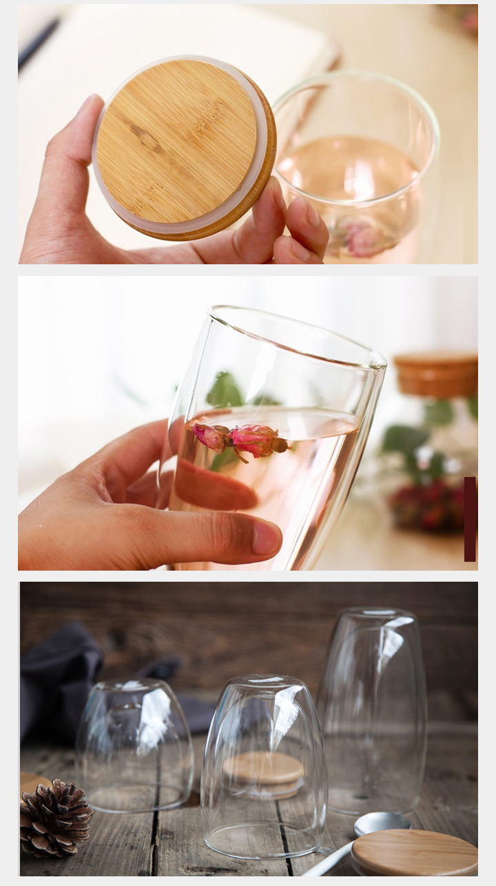 Double Wall Glass Coffee Beer Wine Tea Mug Cup with Bamboo Lid