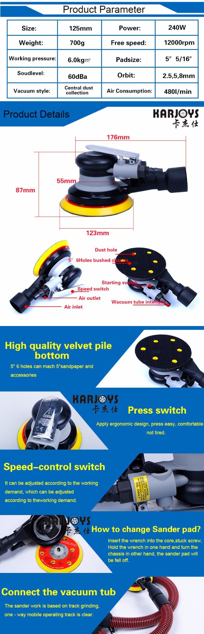 5inch Dust Free Pneumatic Sander Central Pneumatic