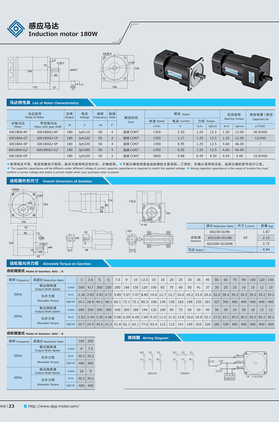 AC Motor 180W 100mm 110/220/380V Induction Geared Reducer for Automation DPG Gear Motor