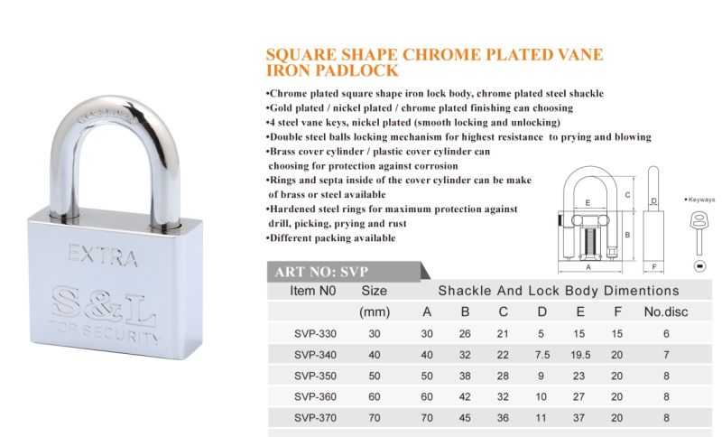 Square Shape Chrome Plated Vane Iron Padlock
