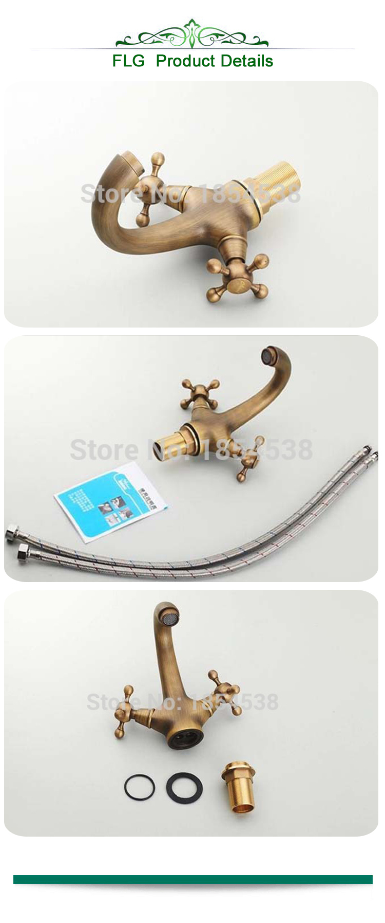 Flg Antique Brass Washroom Double Handle Basin Faucet