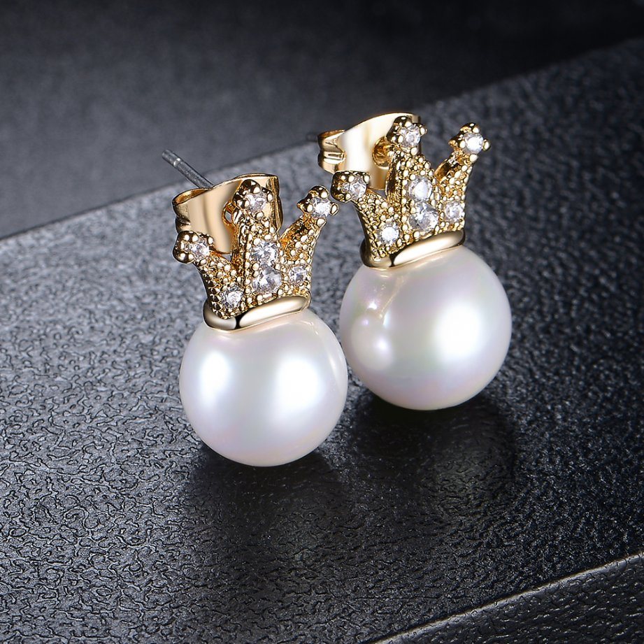 Newest Design Crown Gold Plated Imitation Pearl Earring