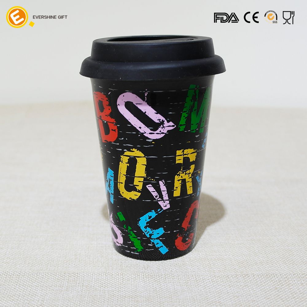 330ml Ceramic Travel Mug with Black Silicone Lid