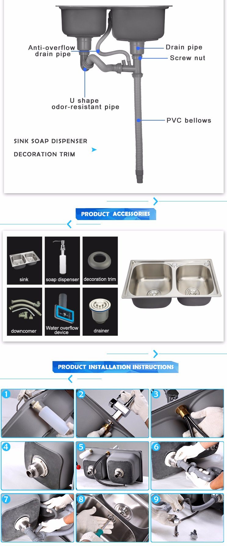 Kaiping Manufacturer 304 Stainless Steel Kitchen Sink with Drain Boars