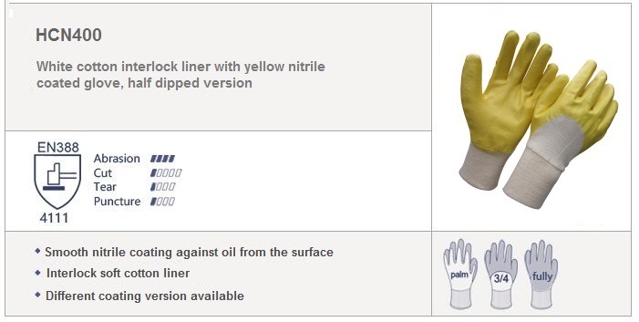 Half Dipped Nitrile Gloves Yellow Color Industrial Work Glove