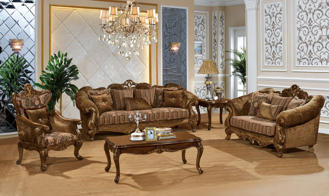 Solid Wood Sofa Sets Luxurious Fabric Sofa Sets 1+1+3 Antique Design 1 Seat Sofa 3 Seat Sofa Home Furniture