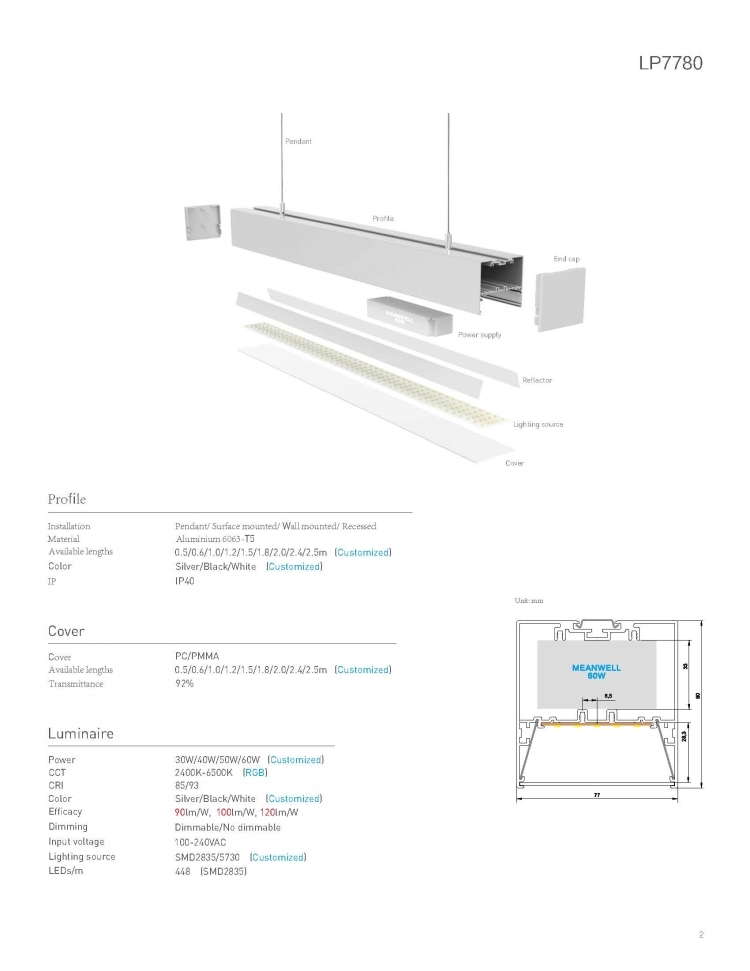 30-150W Dimmable 2700-6500K Changeable Office LED Linear Light with No Flicker