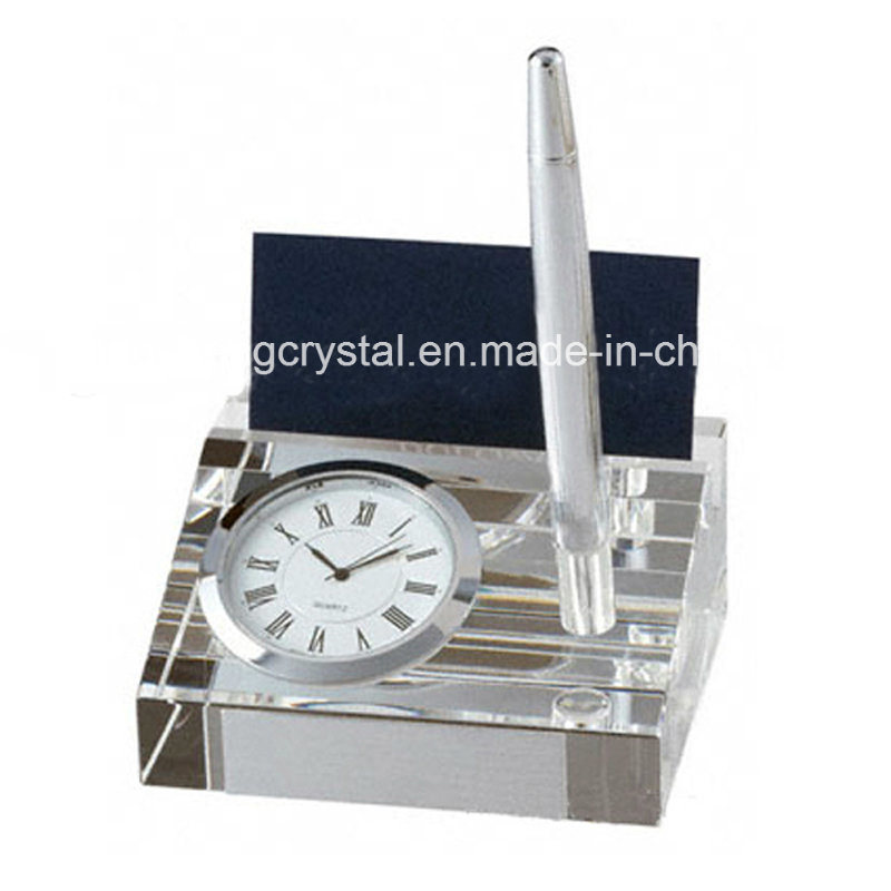 Best Sale Clear Name Card Holder with Crystal Clock with Clear Pen Holder for Office Desktop Set