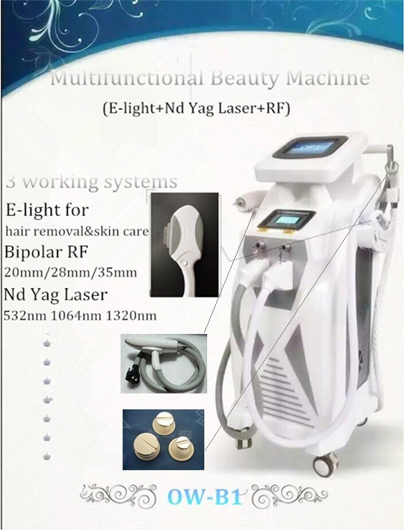 New Design 3 Handles Bipolar RF ND YAG Laser Elight (IPL RF) Hair Removal Machine